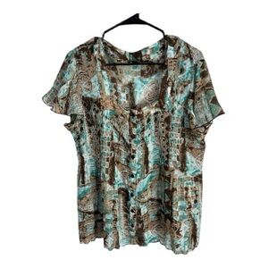 Sere Nade Women’s Chic Brown and Teal Button Down Blouse Y2K Boho Size 2X